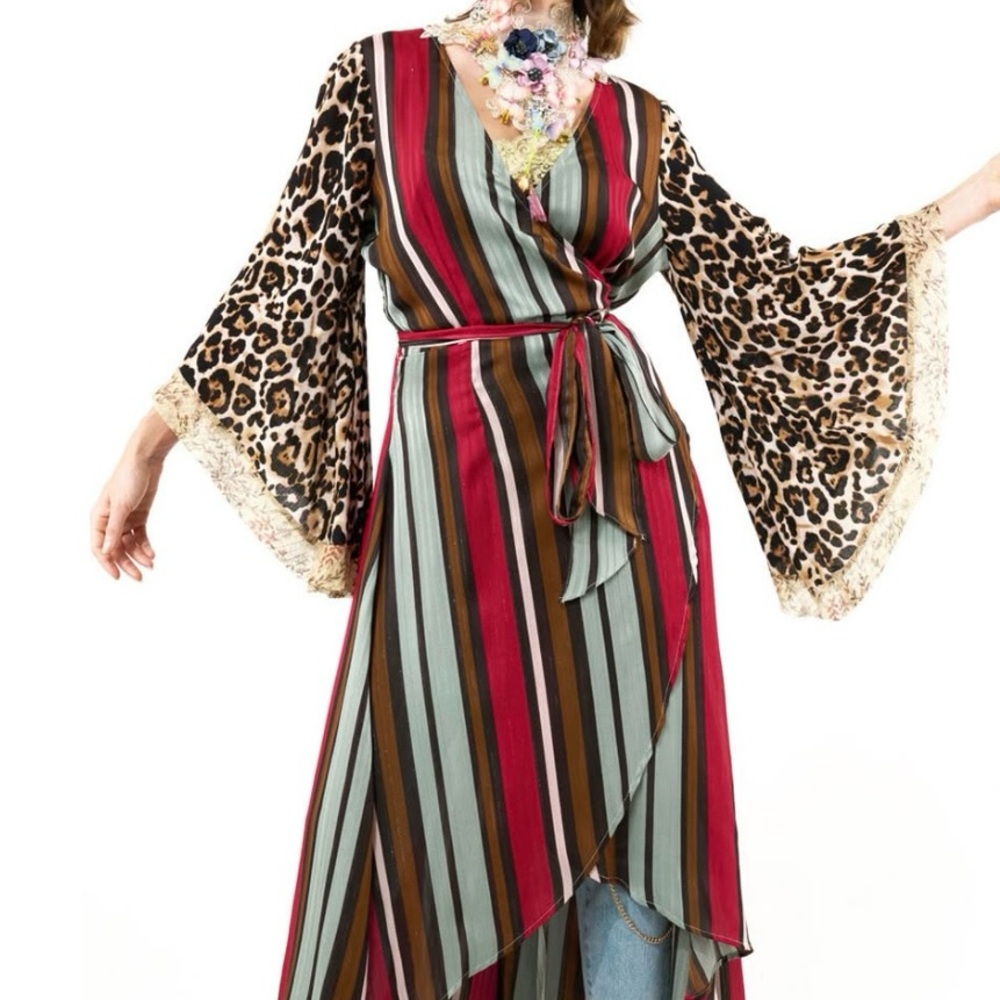 Aratta Multicolor Striped Wrap Maxi Dress with Leopard Bell Sleeves and Fringe